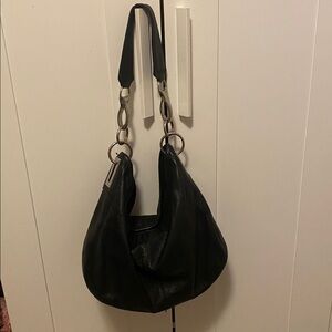 Calvin Klein Genuine Leather Black Hobo Bag with Silver Accents
